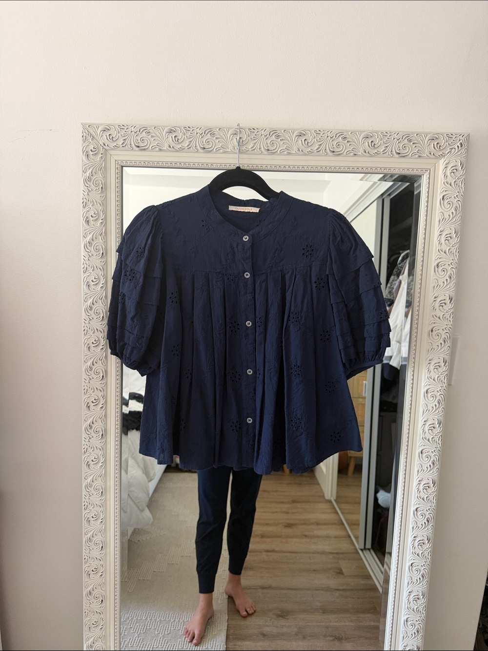 Navy Eyelet Button-Front Puff Sleeve Top